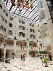 The high-ceilings and skylights of the Schneider Children's Hospital atrium